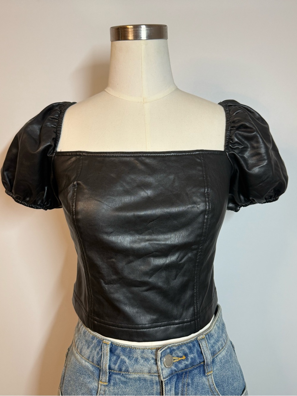 7 For All Mankind Black Faux Leather Puff-Sleeve Square Neck Crop Top